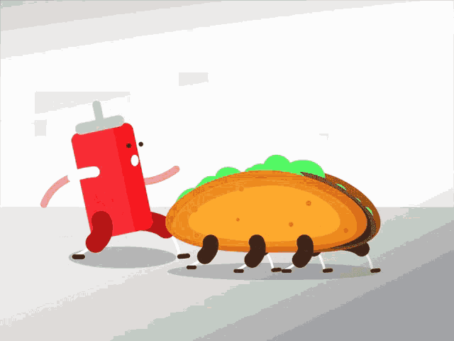 a cartoon drawing of a taco and ketchup bottle