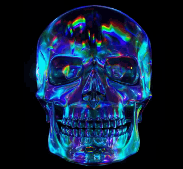 a colorful skull with a black background and a smile