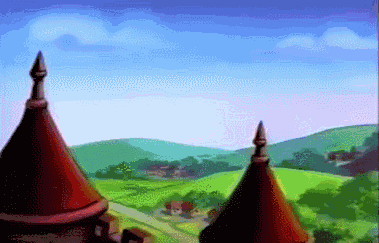 a cartoon drawing of a castle with two towers in the foreground