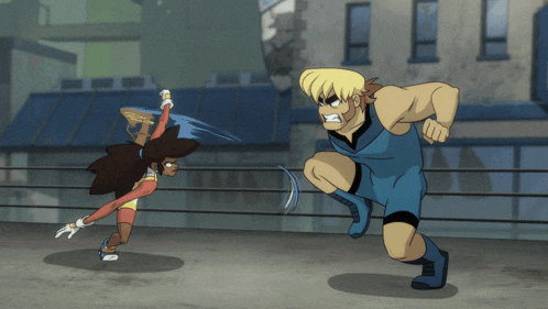 a cartoon drawing of a man and a woman fighting in a boxing ring