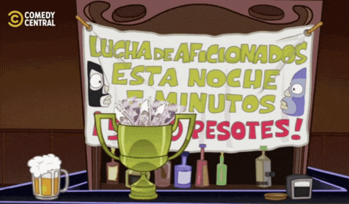 a cartoon of a bar with a sign that says lucha de aficionados esta noche minutos pesotes