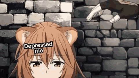 a depressed anime girl is standing in front of a brick wall with a hand reaching out towards her .