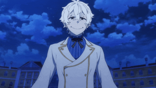 a cartoon character with white hair and a blue shirt is smiling