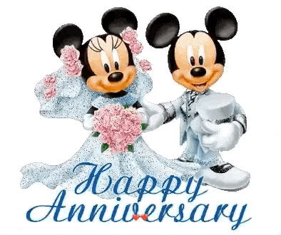 mickey mouse and minnie mouse are dressed as a bride and groom and are holding flowers .
