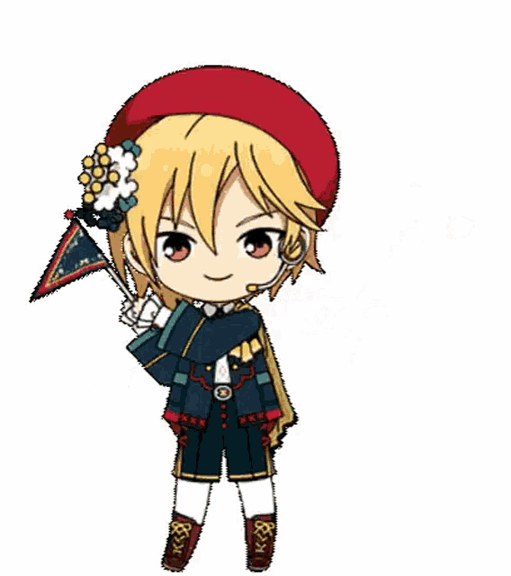 a chibi boy is holding a flag in his hand and wearing a red hat .