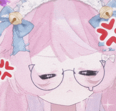 a drawing of a girl with pink hair wearing glasses and a bow