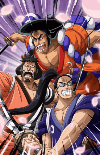 a cartoon of three samurai holding swords with a purple background