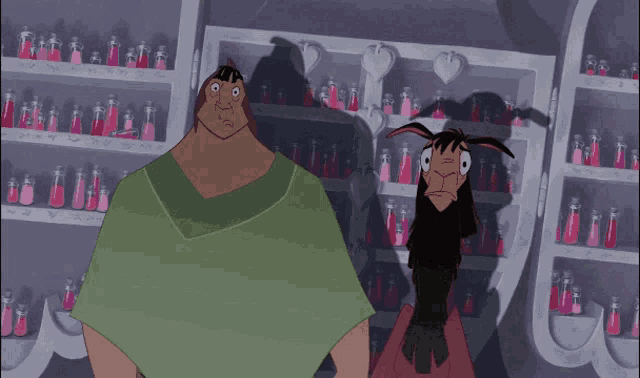 two cartoon characters standing next to each other in front of shelves of bottles