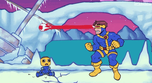 a cartoon of cyclops shooting a red ray at a small robot