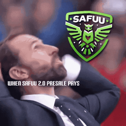 a man in a suit and tie is sitting in front of a logo that says safuu 2.0 presale pays