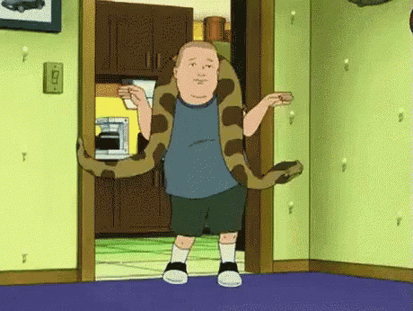 a cartoon of a man holding a snake around his neck .