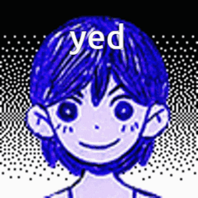 a drawing of a boy with blue hair and the word yed on top of him .