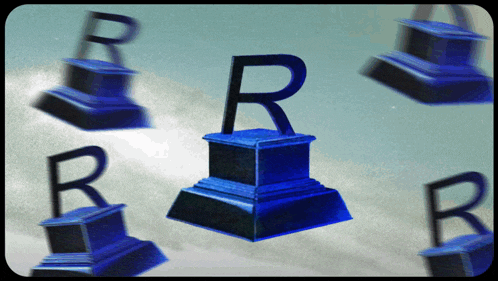 the letter r is on a blue pedestal with other letters