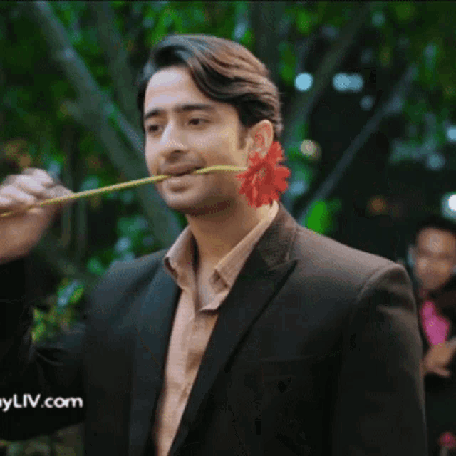 a man in a suit is holding a red flower in front of a violin player ..
