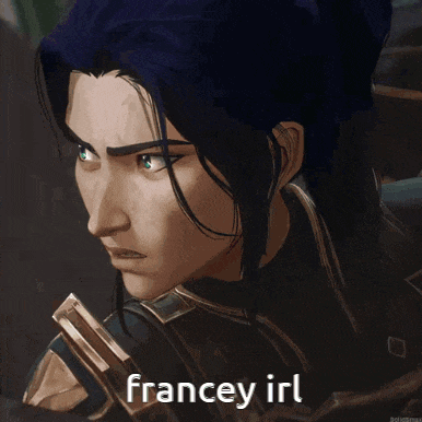a close up of a person 's face with the words francey irl written below it