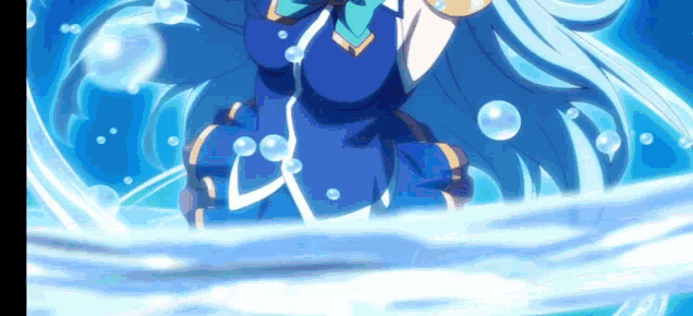 a girl in a blue dress is surrounded by water bubbles