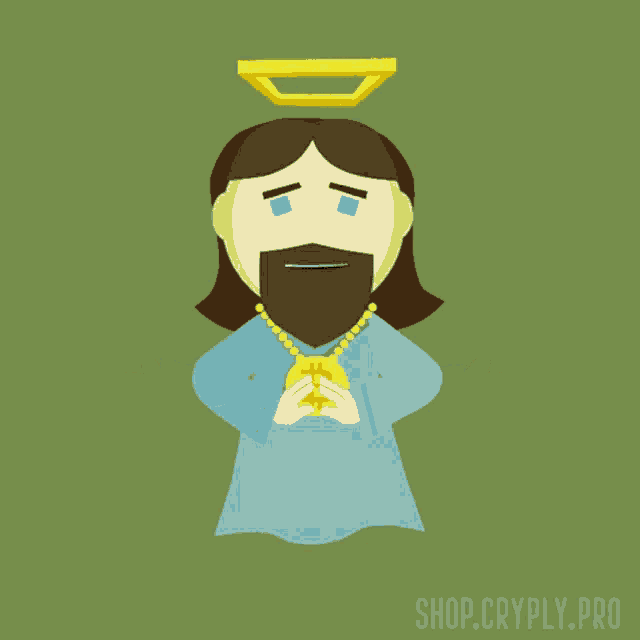 a cartoon of jesus wearing a gold necklace with a bitcoin pendant