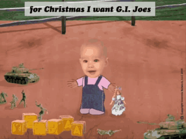 a cartoon of a baby with the words " for christmas i want g.i. joes " above him