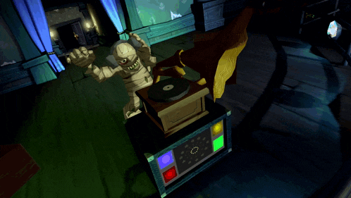 a cartoon drawing of a mummy playing a record