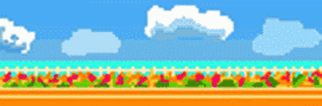 a pixel art landscape of a beach with a fence and clouds