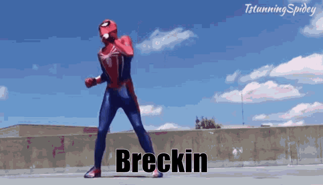 a man in a spiderman costume is dancing with the name breckin on the bottom