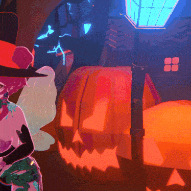 a woman in a witch hat is standing in front of a pumpkin