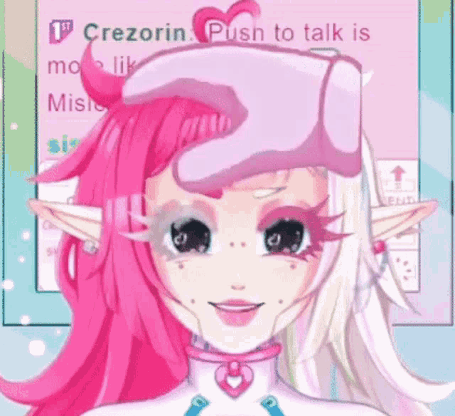 a cartoon girl with pink hair and white ears is smiling in front of a screen that says crezorin .