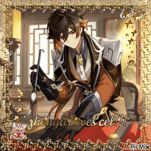 a picture of a man with a brush and the words zhongli loves cel on the bottom