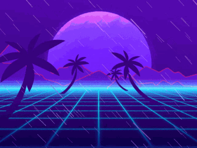 a purple background with palm trees in the foreground and a lightning bolt in the background