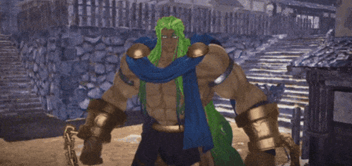a video game character with green hair and a blue cape is standing in front of a stone wall