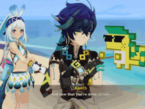 a video game character named kimich is talking to a girl