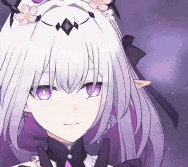 a close up of a anime girl with purple eyes and a flower in her hair .