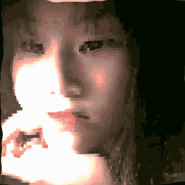 a pixelated image of a woman 's face with her hand on her face