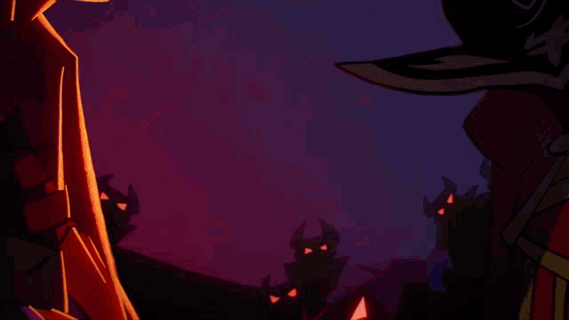 a couple of cartoon characters standing next to each other with red eyes