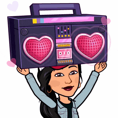 a cartoon woman is holding a boombox with two hearts on it