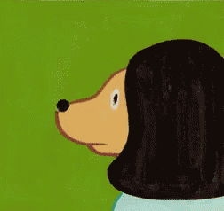 a cartoon dog with long black hair is looking at something