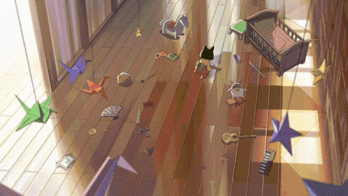 a cartoon drawing of a child playing with toys on a wood floor
