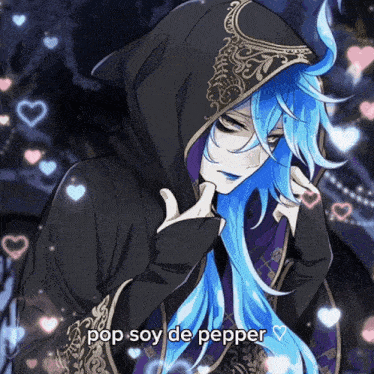 a blue haired anime character with the words pop soy de pepper