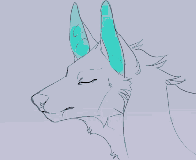 a drawing of a wolf with blue ears