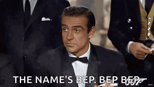 a man in a tuxedo and bow tie says the name 's bep .