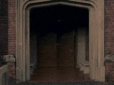 a man is standing in front of a door with a brick wall behind him