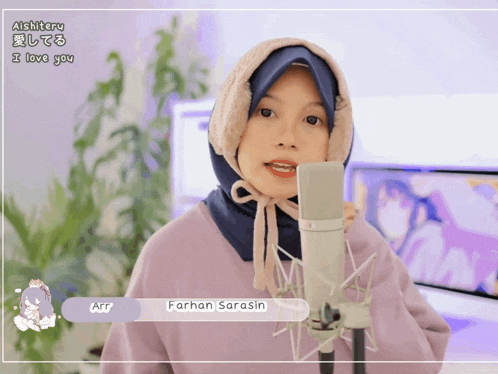 a girl singing into a microphone with the name farhan sarasin