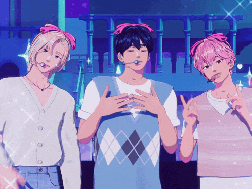 three anime characters are standing next to each other and one has a pink bow in his hair