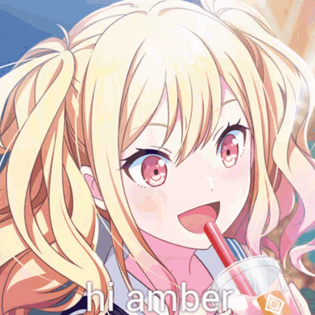 a girl with blonde hair and red eyes is drinking from a cup with a red straw and the words hi amber written on it