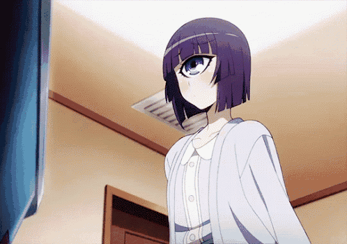 a girl with purple hair and blue eyes is standing in a hallway