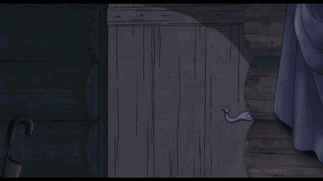 a cartoon girl with a red bow on her head is opening a door