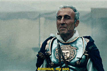 a man in armor says armius my son in yellow letters