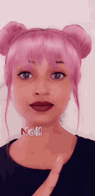 a girl with pink hair has the word no written on her neck