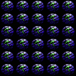 a repeating pattern of purple and green balls with skulls on them
