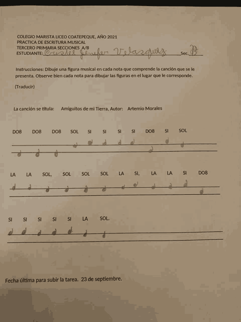 a sheet of paper that says colegio marisa liceo coatepeque